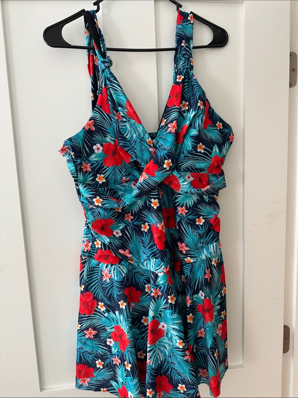 Tropical Floral One-Piece Swimsuit - Navy with Red & Teal Floral 08